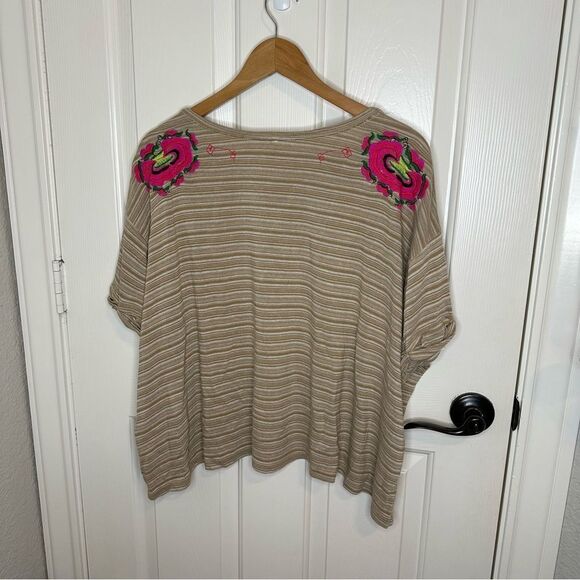Free People Catalunya Tan White Striped Floral Embroidered Top Sz M Boho Preppy - Picture 4 of 8